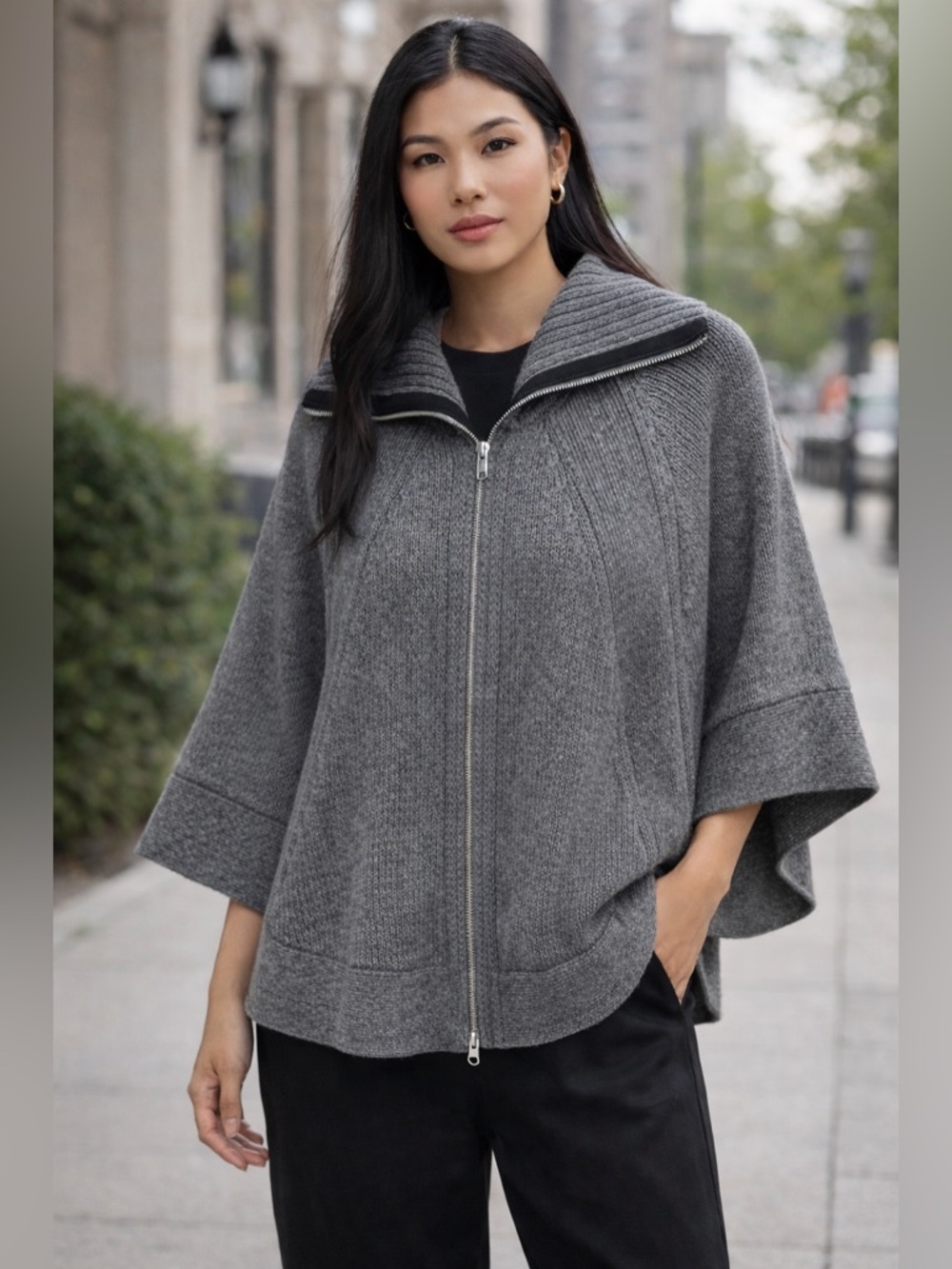 Cotton by Autumn Cashmere 100% Cotton Zip Up Poncho Sweater Charcoal Grey Small